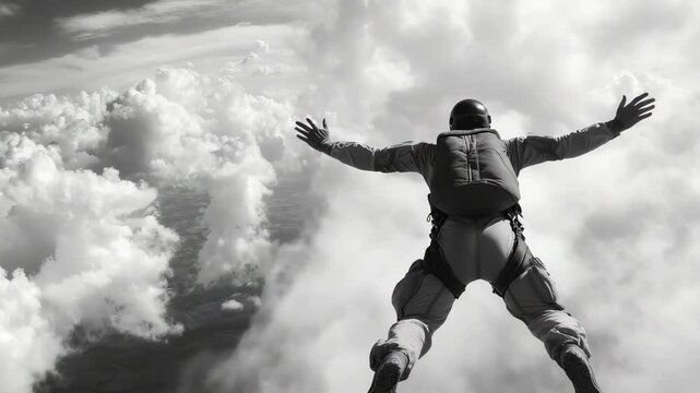 Person jumps from an aircraft and falls through clouds while enjoying freefall in the sky