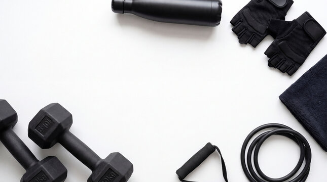 黒で統一されたダンベルとトレーニング用具のセット ｜ 上からの構図