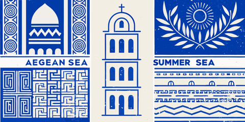 Greek Key Pattern And Architectural Elements Blue Vector Illustration © tuli