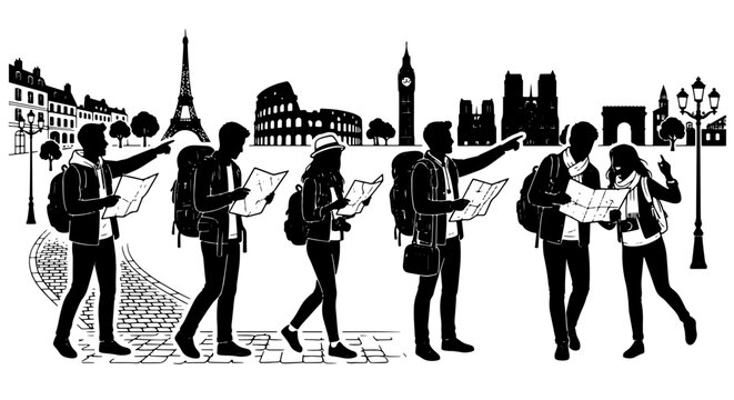 Silhouette Travelers with Maps, Iconic Landmarks Collection, City Exploration Vector Art, Global Tourism Icons, Black and White Urban Adventure