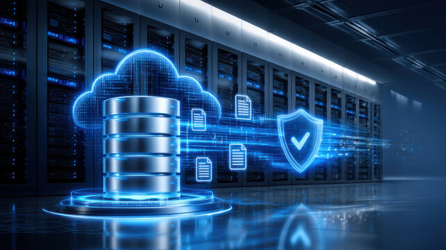 Ultra realistic enterprise data protection concept with cloud storage, encrypted backup and secure file transfer in server room environment