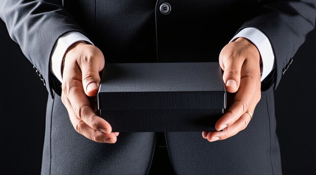 Business man in black suit holds closed rectangular gift box with hands. Professional person offers small premium package in elegant style. Corporate executive gives luxury present on dark