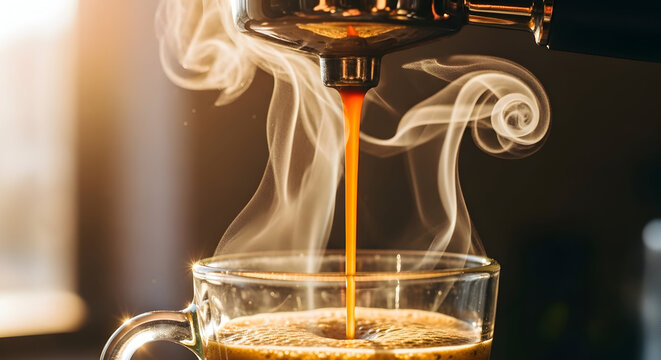 Freshly Brewed Espresso Pouring into Glass Cup with Beautiful Steam Swirling in a Cozy Cafe Setting During Morning Hours