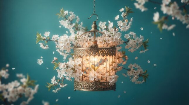 Vintage birdcage with blooming cherry blossoms. Floral spring decor on teal background.