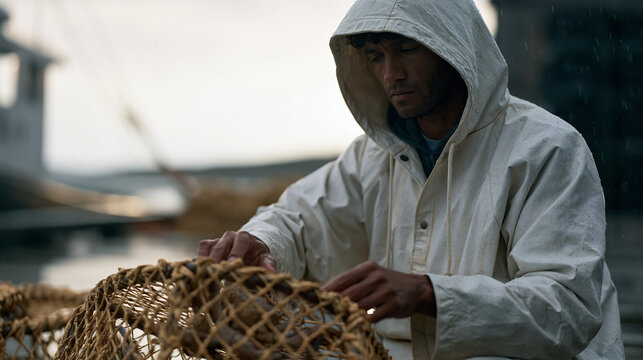 Crab trap lines run from a fishing vessel through rain-soaked dock planking as a deckhand threads autonomous delivery drone waypoint stickers onto buoys, the process of hybrid