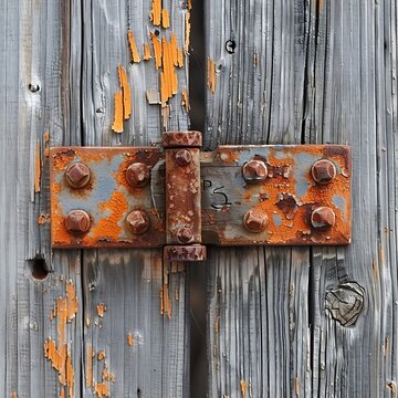 Rusty metal hinge on weathered gray wood with peeling orange paint background
