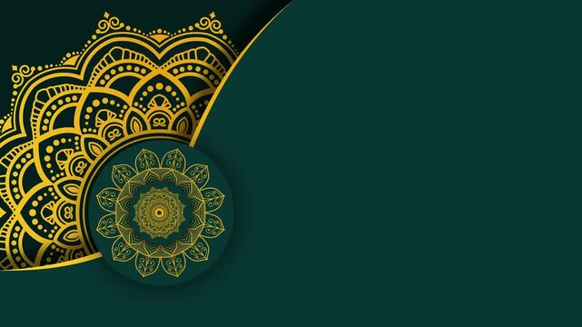 Luxury Islamic Green and Gold Mandala Background with Copy Space for Ramadan and Eid.