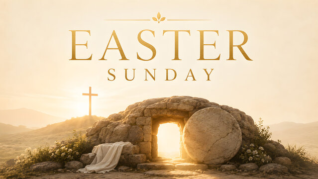 Easter sunday religious holiday graphic with an open empty tomb and cross
