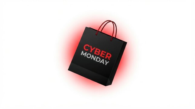 Cyber Monday shopping bag on white background. Online retail sale concept with red glow.