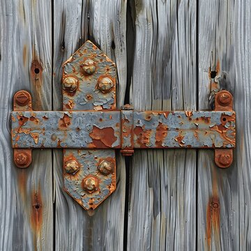 Decorative rusty metal hinge on weathered gray wood texture for rustic background
