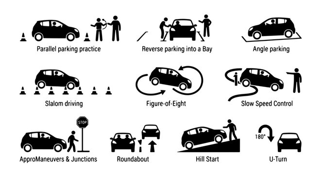 Driving School Icons Set: Car Maneuvers, Parking, Road Safety, 9 Vector Elements for Education and Training