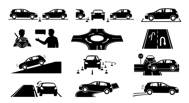 Driving School Icons: Car Maneuvers, Road Signs, and Instructor Guidance, Vector Set for Traffic Education and Safety Training