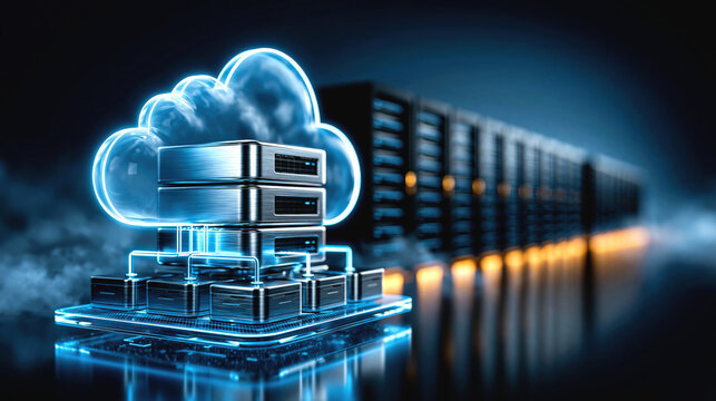 Cloud computing server stack, data center server, cloud network infrastructure, edge server, neon blue digital rack