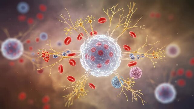 Neuron cell interacting with red blood cell in human body. Biological research of nervous system and microscopic anatomy. Advanced medical science study concept.