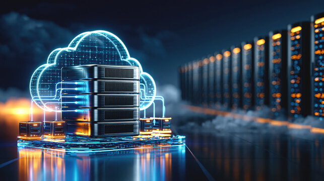 Cloud server rack data center with glowing network connections and futuristic cloud graphic conveying secure enterprise cloud computing solutions