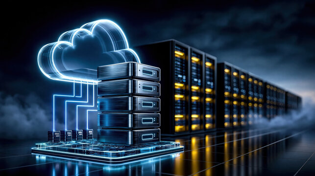 Neon cloud connected to stacked servers and data center rack, futuristic enterprise cloud computing scene with dramatic lighting and reflective