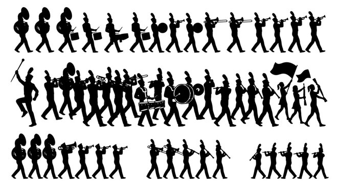 Marching Band Silhouettes, Drumline Musicians, Brass Instruments, Baton Twirler, Flag Bearer, Performance Ensemble Vector Set