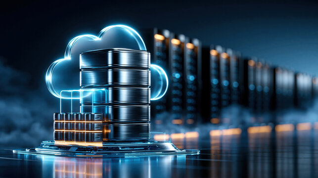 Cloud server database rack with illuminated cloud icon and glowing data storage futuristic data center, sleek metallic server stack and network hub