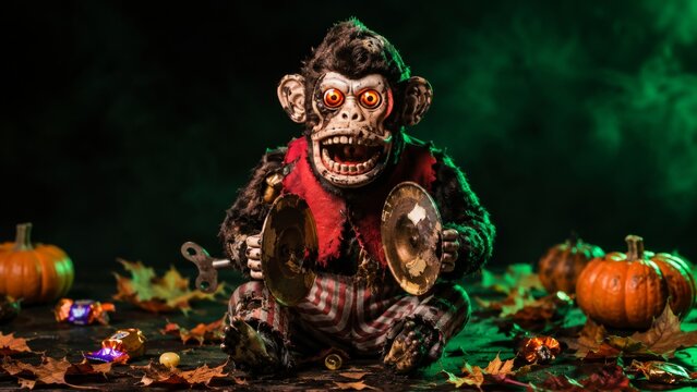 Spooky Halloween clown monkey with glowing eyes and cymbals on a dark background with pumpkins and leaves