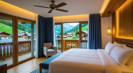 Fototapeta premium Cozy hotel room features king bed overlooking village and mountains. Wood accents, balcony, plush bedding, soft lighting create relaxing retreat. Perfect mountain getaway accommodation.