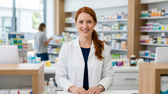 Smiling female pharmacist wearing a white lab coat behind a counter. Professional young woman chemist standing in a modern drugstore pharmacy