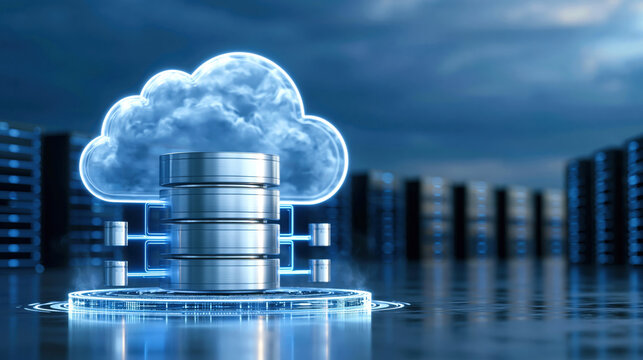 Cloud storage server with glowing database stack and holographic cloud above futuristic data center, secure modern infrastructure and connectivity
