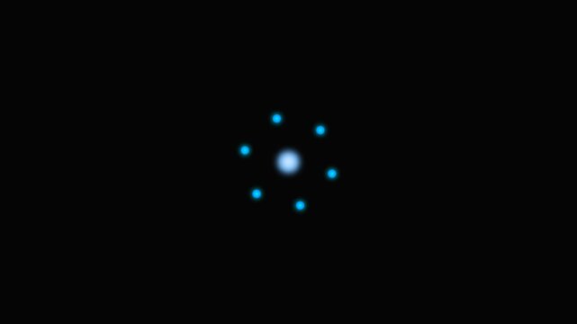 A glowing blue atom model structure isolated on a solid black background
