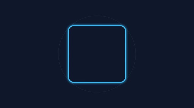 A glowing blue neon square frame floating against a dark navy background
