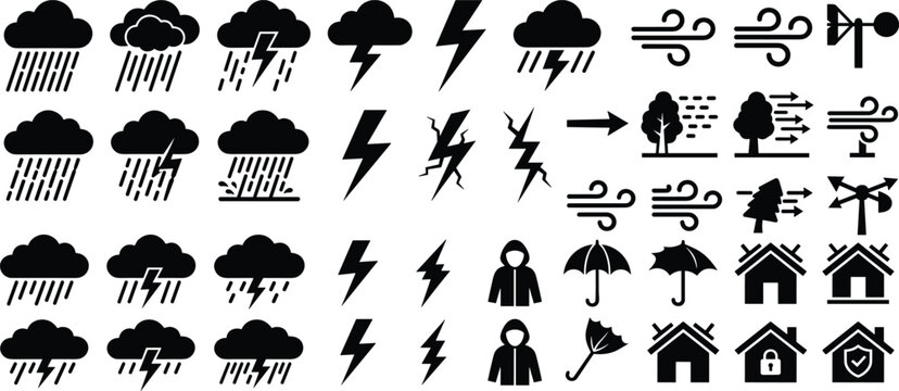 Collection of black weather icons featuring rain clouds, lightning bolts, wind symbols, and storm protection elements