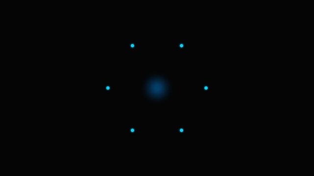 Minimalist blue glowing atom structure isolated against a solid black background