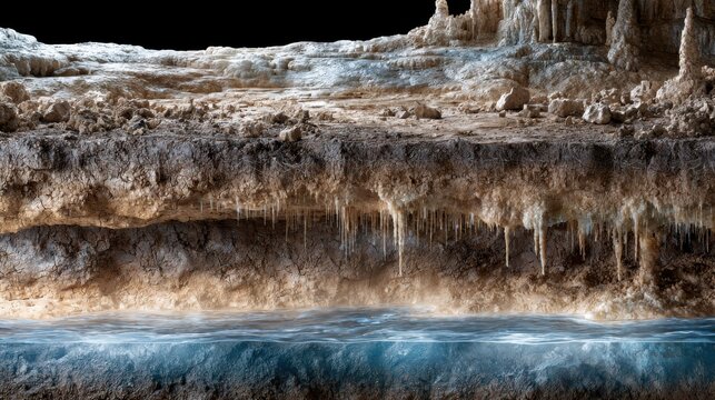 Cross-section of a cave revealing geological layers, stalactites, stalagmites, and an underground water pool