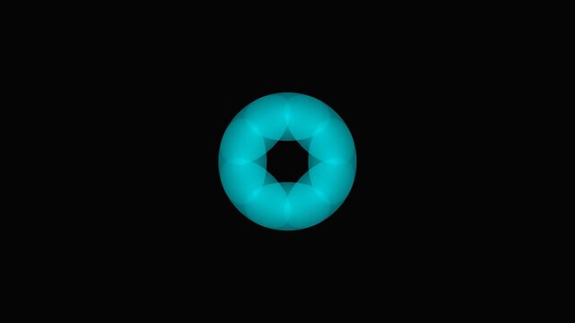 A vibrant cyan geometric torus shape glowing against a deep black background