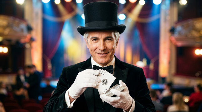 Smiling mature magician in a top hat and white gloves holding playing cards. Magic show performance on a theater stage
