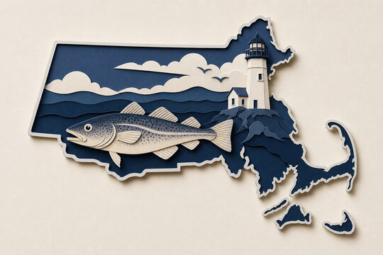 Massachusetts coastal papercut with codfish and lighthouse