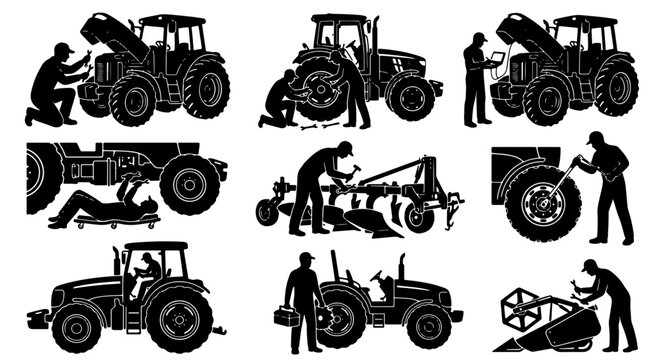 Tractor Repair and Maintenance Icons, Agricultural Machinery Service Set, Farm Vehicle Mechanics Collection, Black and White Vector Graphics