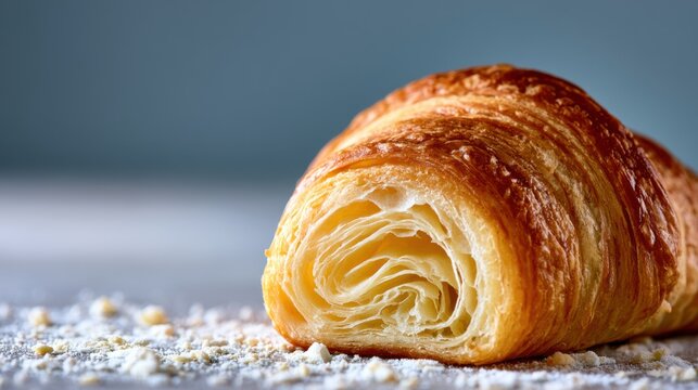 A golden brown croissant with flaky layers sits on a light-colored surface dusted with crumbs