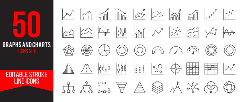 Graphs and charts line icon set featuring analytics, business statistics, financial reporting, dashboards, data visualization, growth metrics, diagrams, and infographic elements