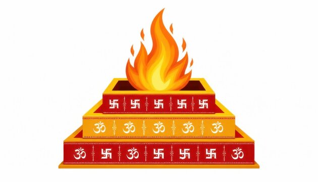 Hindu Havan Kund with sacred fire. Traditional Vedic fire ritual altar for religious worship.