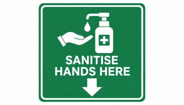 Sanitize hands here sign. Green hygiene instruction label for public health safety.