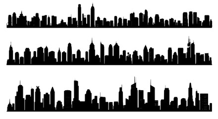 Obraz premium Three Black Cityscape Silhouettes, Urban Skyline Vector Art, Modern Architecture Collection, Downtown Buildings Panorama