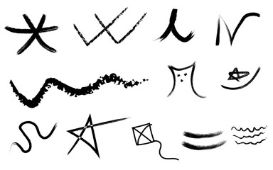 Fototapeta premium Hand drawn brush strokes, star doodles, kite illustration, and sketchy line elements set isolated on white background.