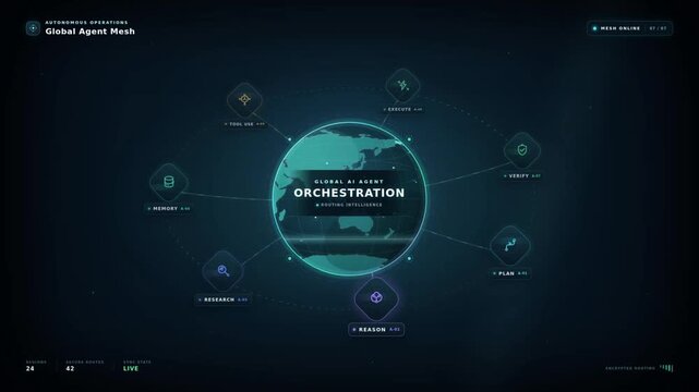 Global AI agent orchestration interface with digital globe and connected autonomous nodes