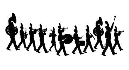 Obraz premium Marching Band Silhouettes, Musical Ensemble Vector Art, Performance Group Illustration, Parade Musicians, Brass Instruments, Drummer, Conductor