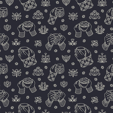 Hygge coffee cups and hands doodle icons seamless pattern. Cozy scandi mugs line art wallpaper