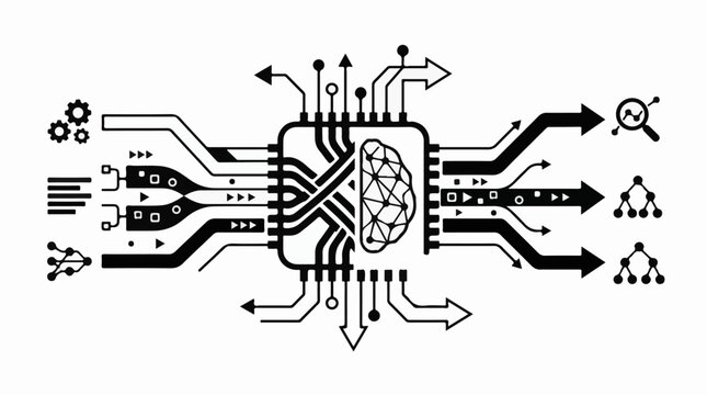 Stylized circuit board with brain processing inputs into data analysis