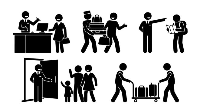 Hotel Service Icons Set: Reception, Bellhop, Concierge, Guest Assistance, Travel & Hospitality Pictograms
