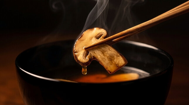 Cinematic Extreme Macro Close-Up of Lifting Matsutake from Black Lacquer Bowl