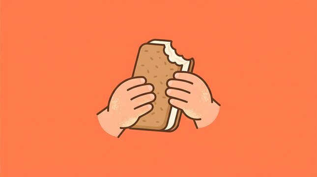 Child hands holding a bitten ice cream sandwich on orange background
