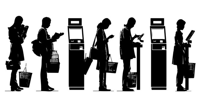 Queue of diverse people using self-service kiosks, digital payment terminals, and information screens, representing modern retail and customer service interactions, vector silhouettes