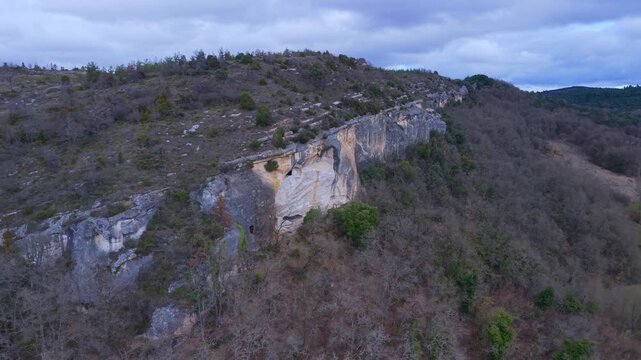 Aerial view from a drone of the artificial caves called "Las Gobas de La&ntilde;o and Santorkaria" in La&ntilde;o, in the Trevi&ntilde;o County region. Burgos. Castile and Le&oacute;n. Spain. Europe